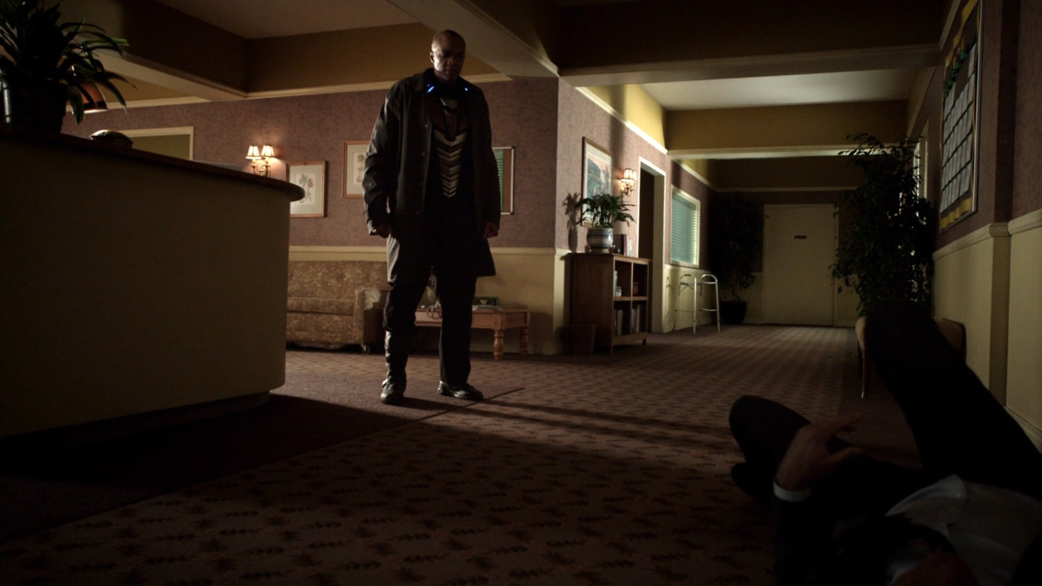 Deathlok in the lobby of an assisted living facility.