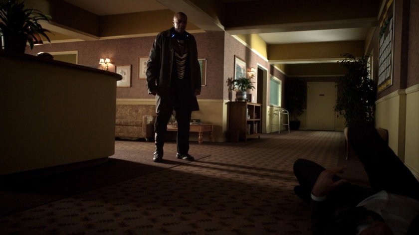 Deathlok in the lobby of an assisted living facility.