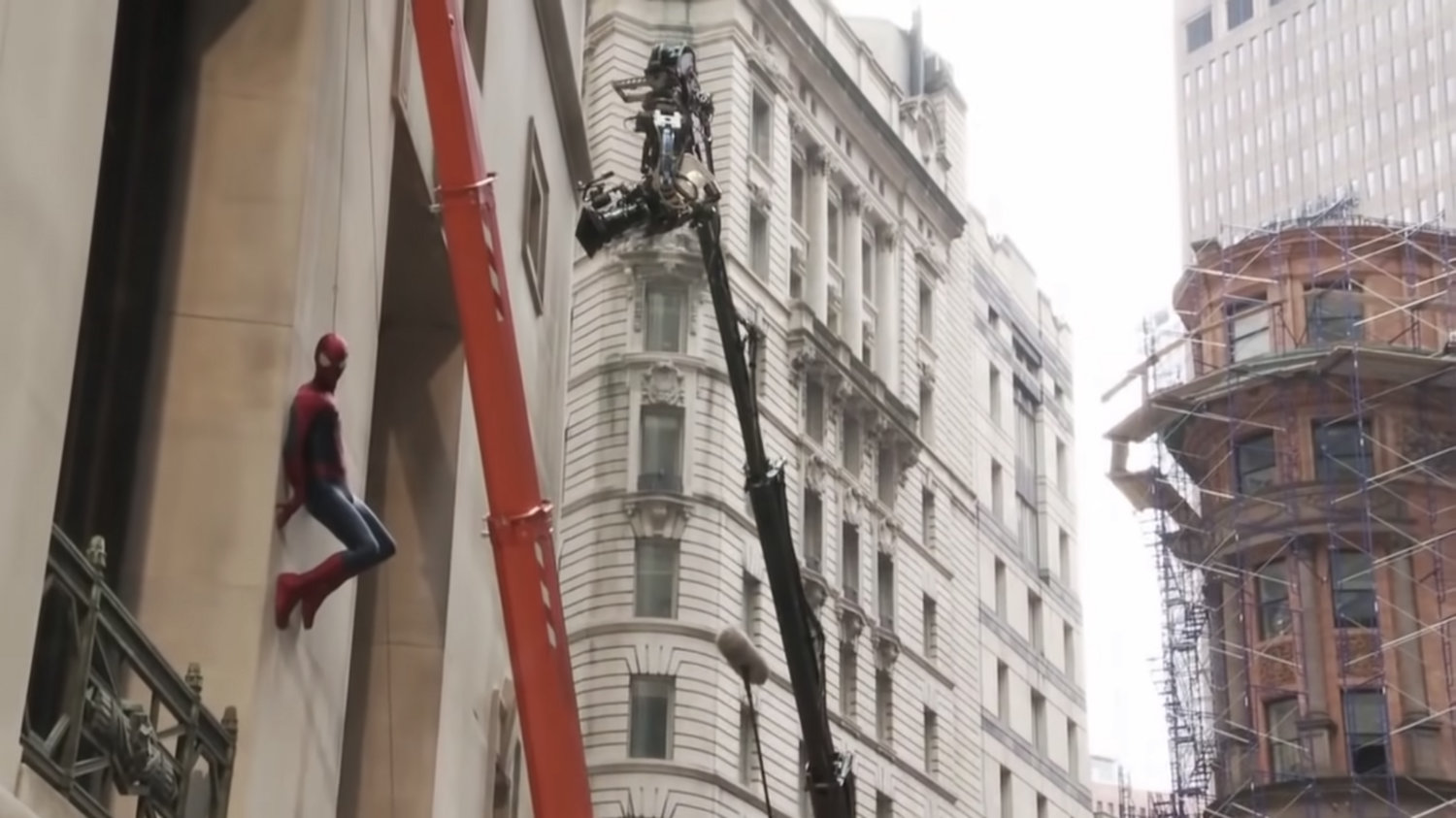 Behind the scene shot of Spider-Man on wall outside Harry's apartment in the Financial District.