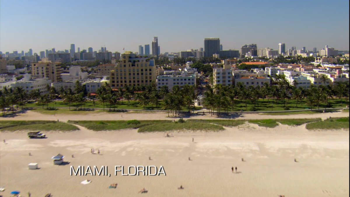 Aerial of Miami beach. Text: Miami, Florida.