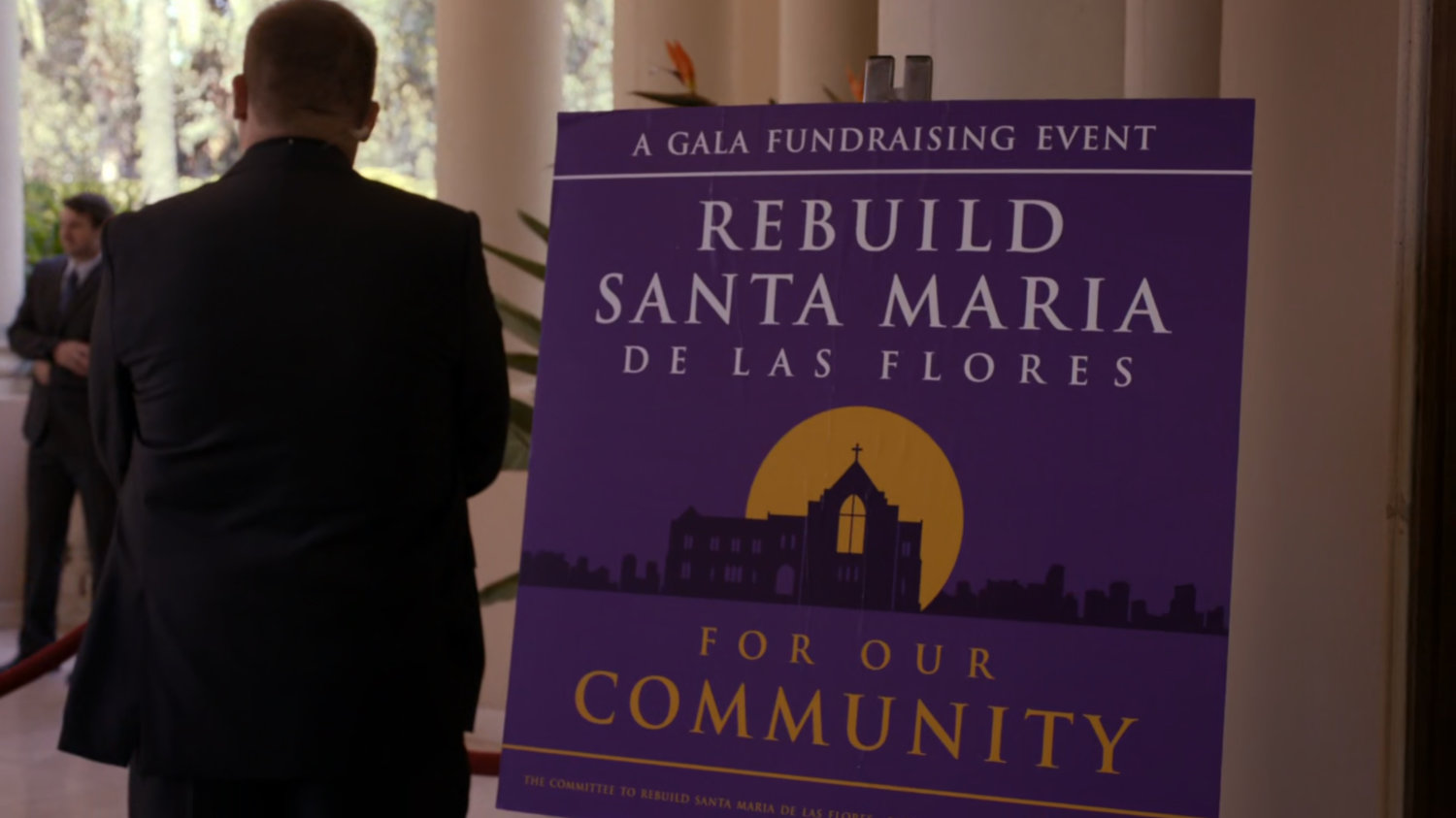 Sign outside Miami mansion for the fundraising event, Rebuild Santa Maria Se Las Flores.