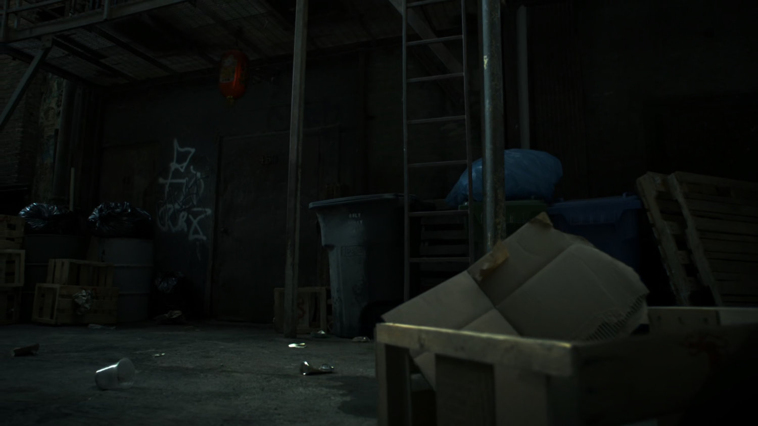 A dark, trashy alley.