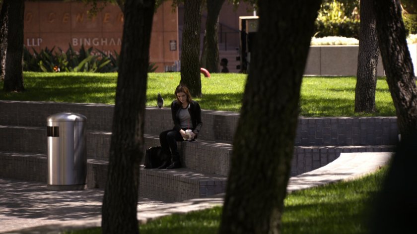 Simmons sitting on a concrete step in a park.