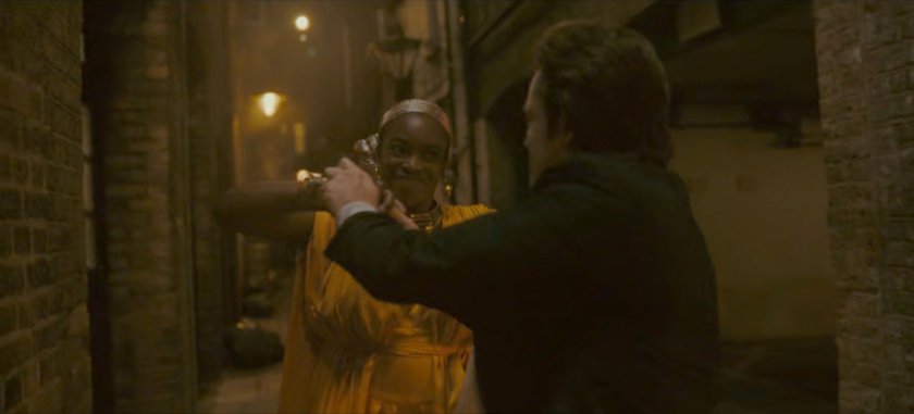 Hunter B-15 fights Brad in a dark alley.