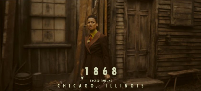 Renslayer in front of wooden house. Text: 1868, Sacred Timeline, Chicago, Illinois.