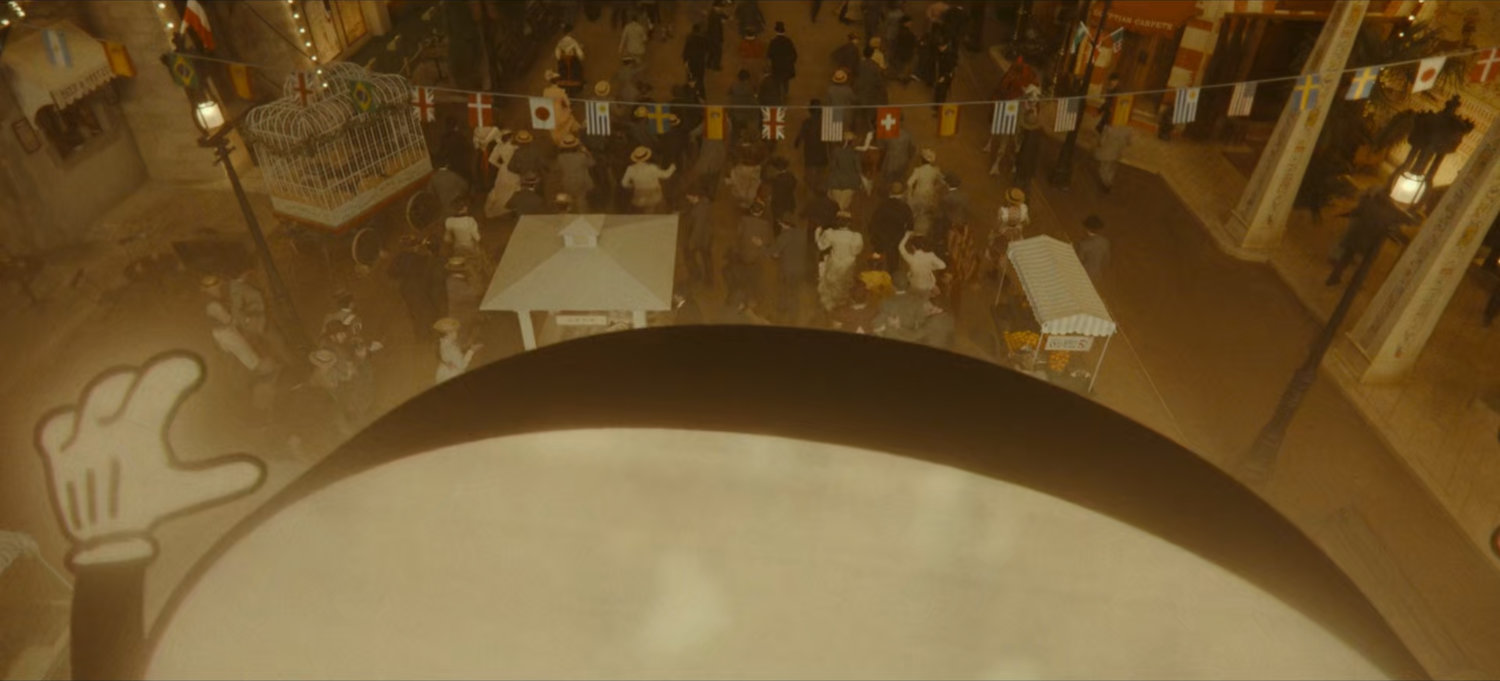 A giant Miss Minutes walking down the Chicago World's Fair midway.