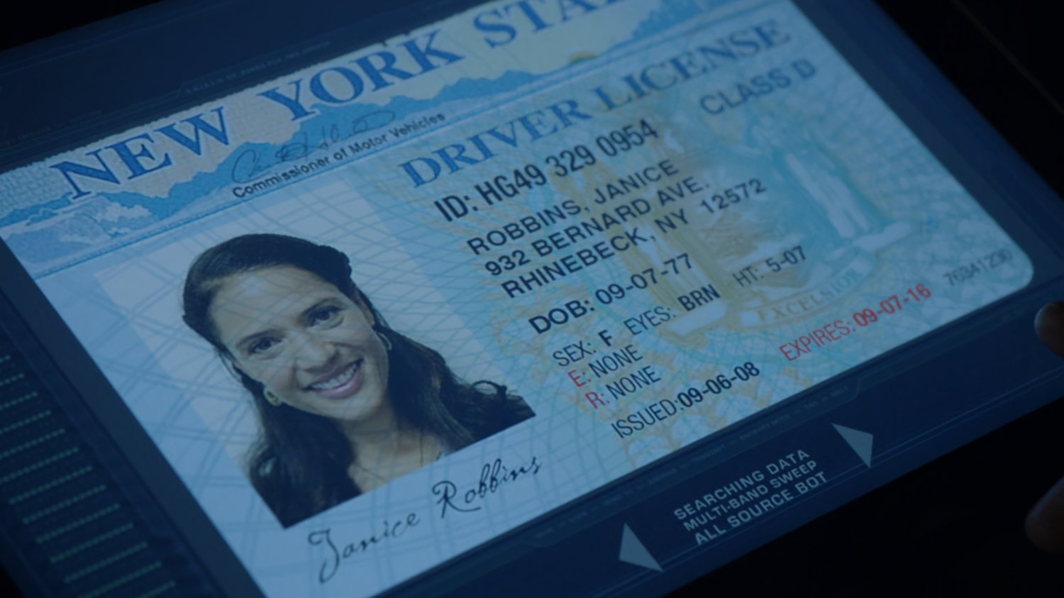 Close up of Janice Robbins driver's license.