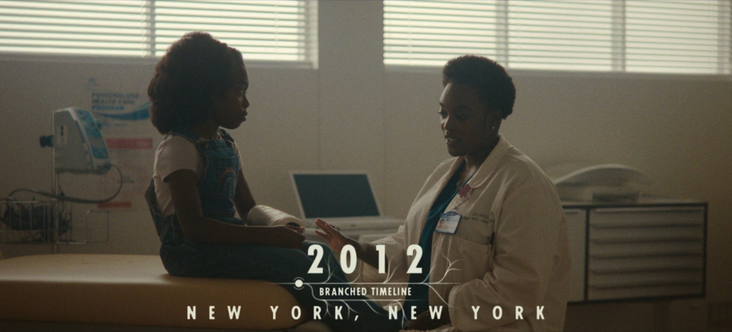 Young girl and Dr. Willis in hospital. Text: 2012, Branched Timeline, New York, New York.