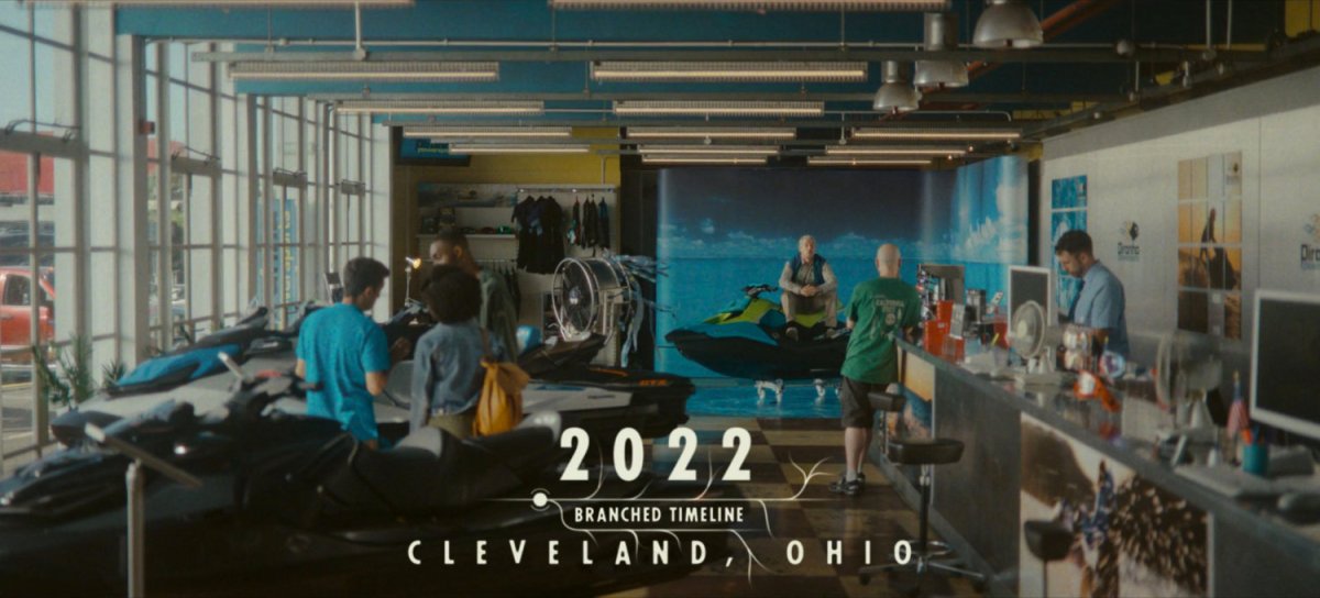 Interior of Piranha Powersports, 2022. Text: 2022, Branched Timeline, Cleveland, Ohio.