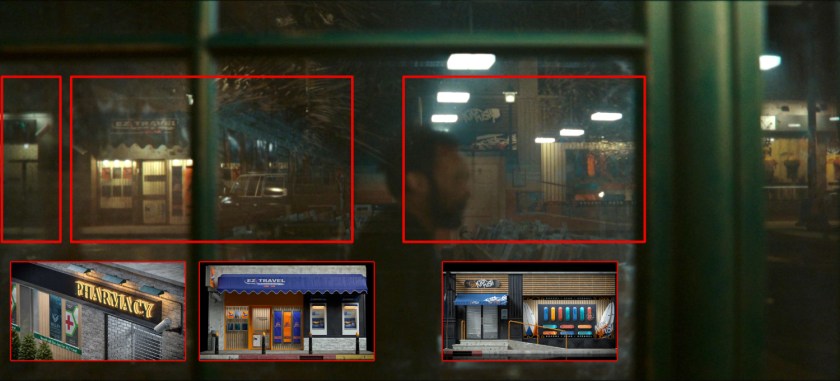 Reflection of storefronts in record store window.