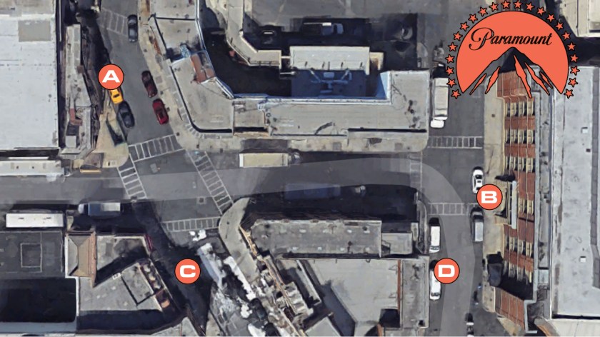 Satellite view of Paramount Pictures New York Street backlot with marked locations of Agent Carter Season 1 filming.