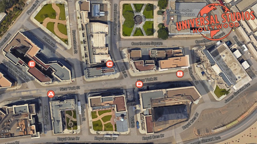 Satellite view of Universal Studios New York Street backlot with marked locations of Agent Carter Season 1 filming.