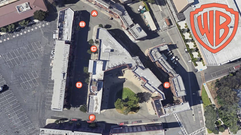 Satellite view of Warner Brothers Hennesy Street backlot with marked locations of Agent Carter Season 1 filming.