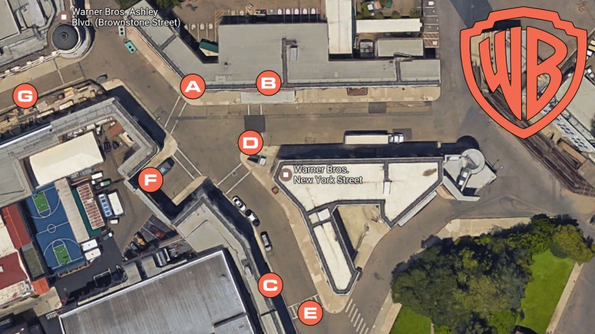 Satellite view of Warner Brothers New York Street backlot with marked locations of Agent Carter Season 1 filming.
