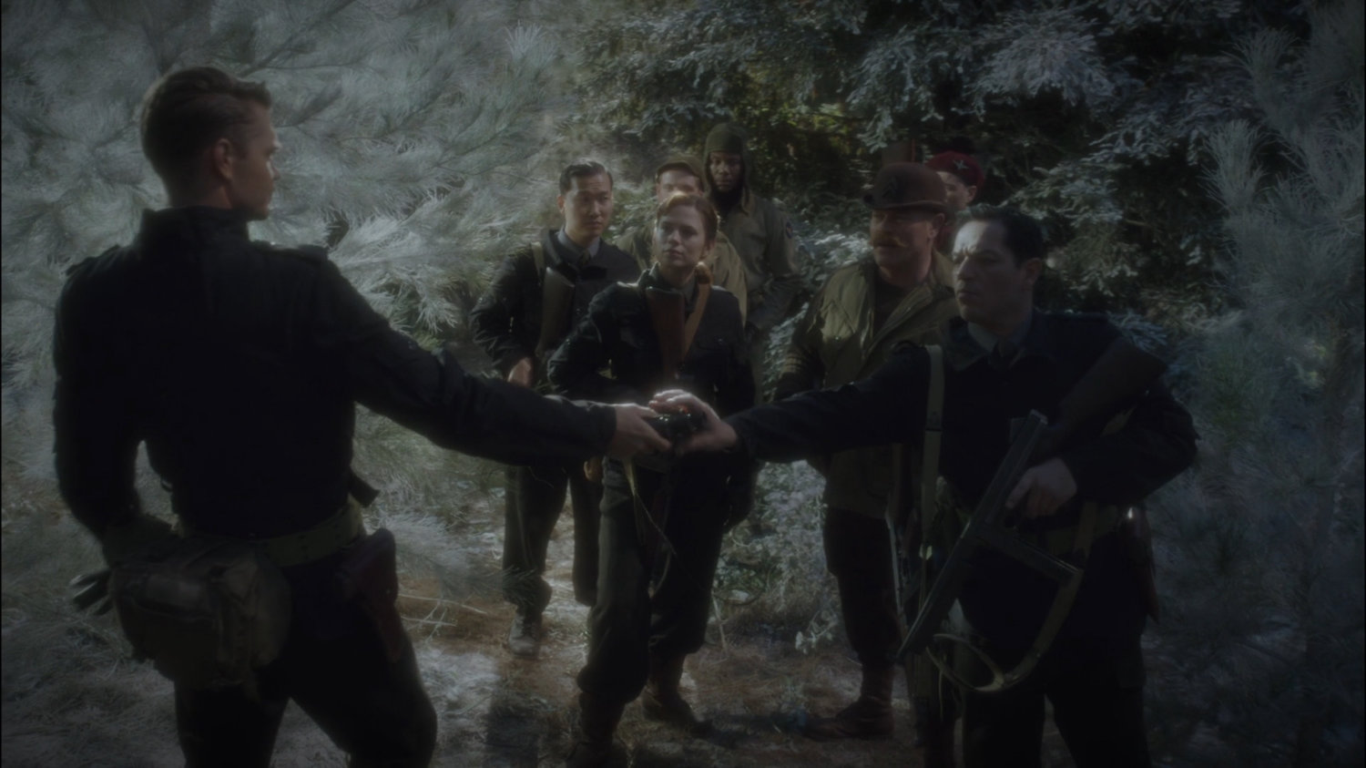 Thompson, Peggy and the Howling Commandos in a Belarus forest.