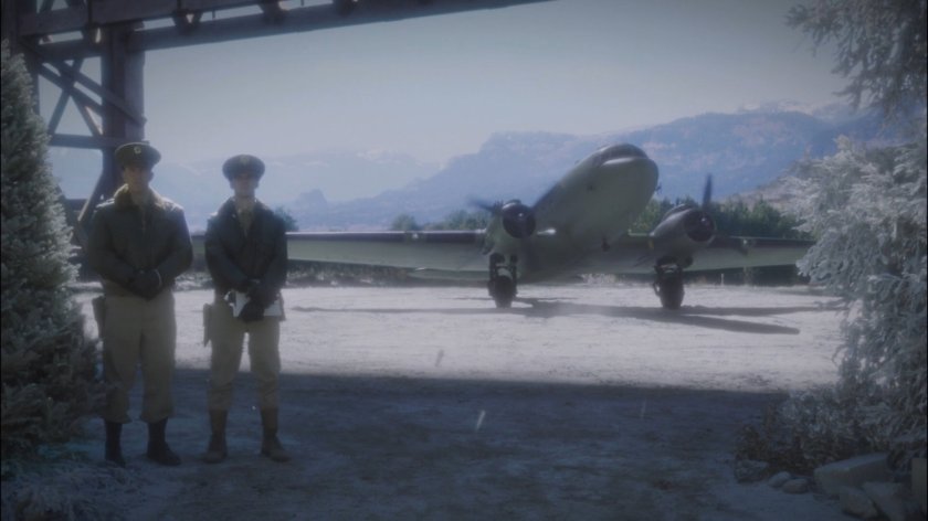 Airplane and soldiers in snowy field in Belarus.