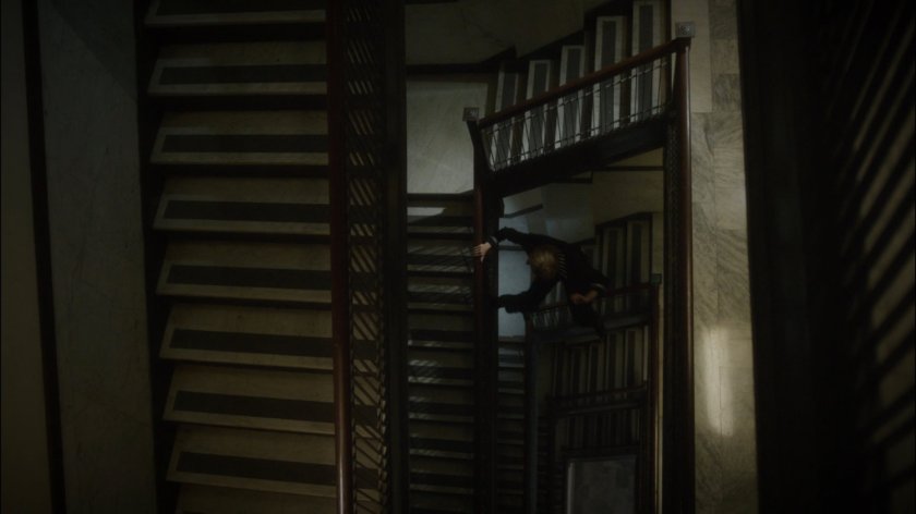 Dottie leaps down Dentist Office stairwell.