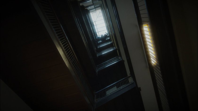 Dottie leaps down Dentist Office stairwell.