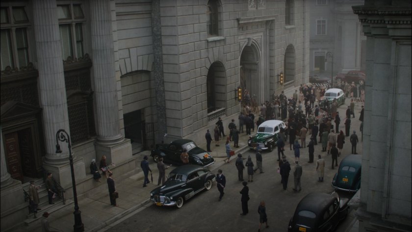 High angle view of press conference outside New York City Hall.