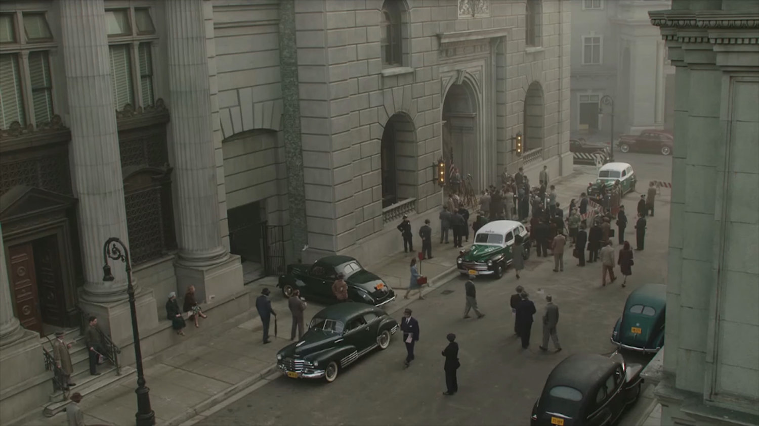 Behind the scenes: High angle view of press conference outside New York City Hall.