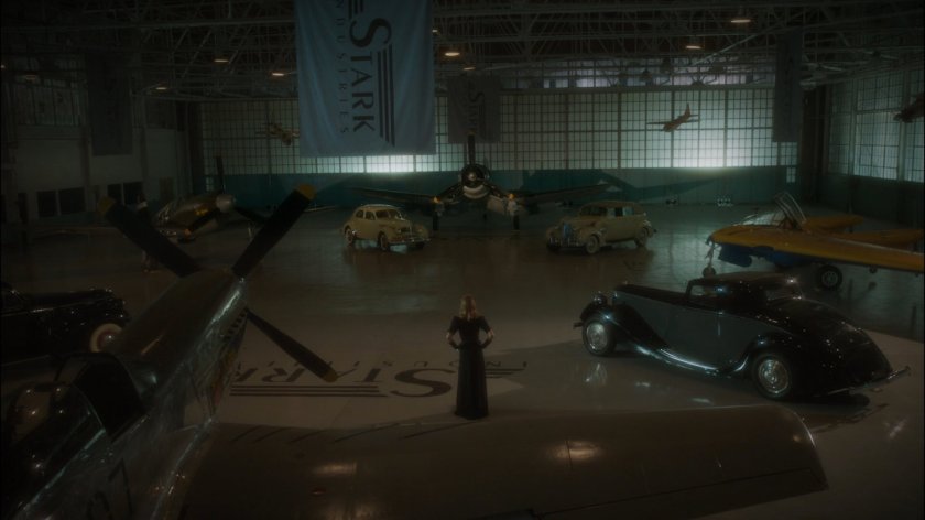 Interior of Howard Stark's airplane hangar.