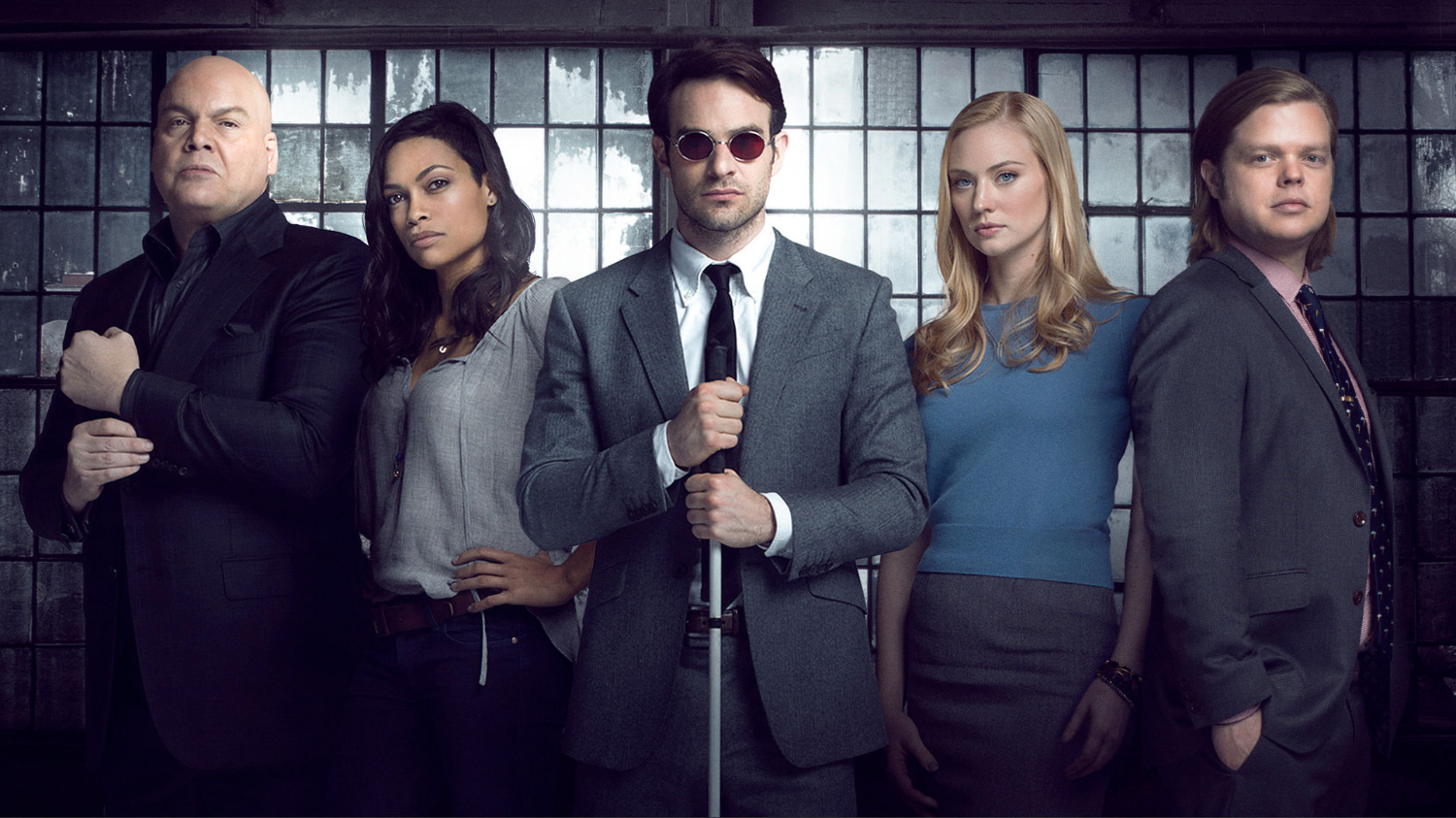 Promotional photo from Daredevil Season 1, with Wilson Fisk, Claire Temple, Matt Murdock, Karen Page, and Foggy Nelson.