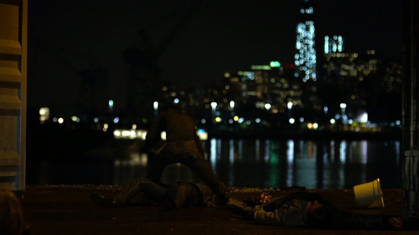 Daredevil at a dark container yard in Brooklyn.
