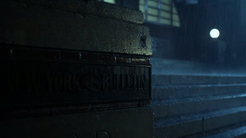 Rainy exterior of New York Bulletin.