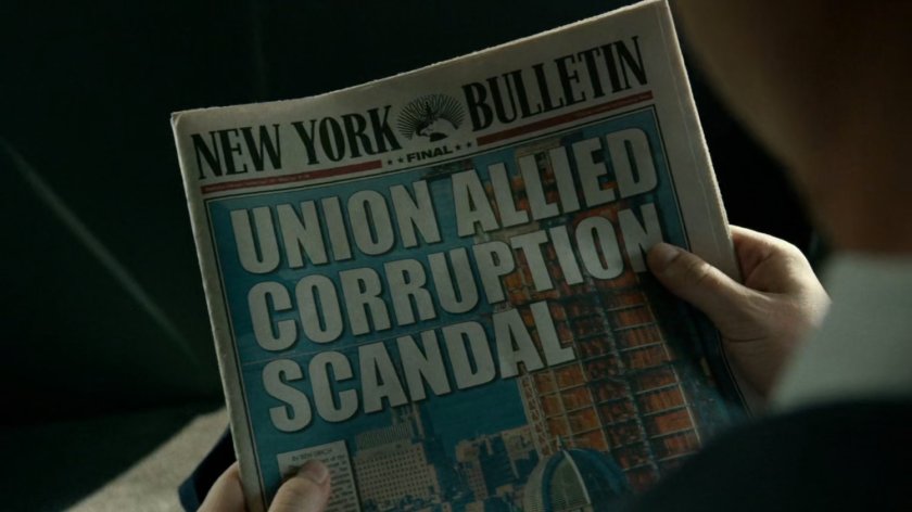 Closeup New York Bulletin headline. Text Union Allied Corruption Scandal.