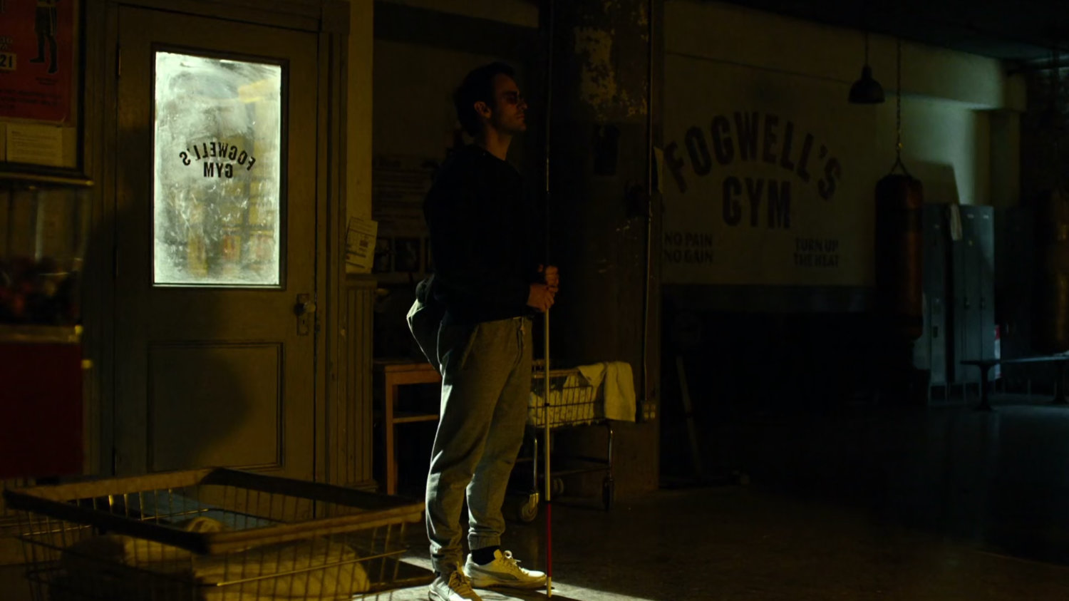 Matt enters a dark Fogwell's Gym.