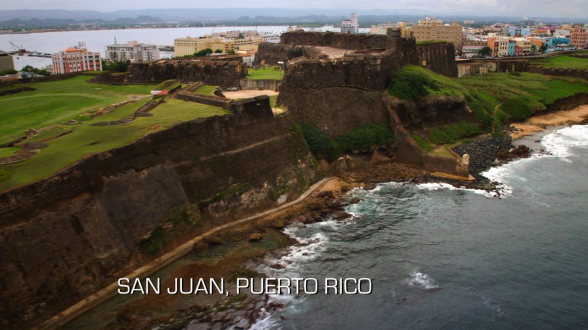 Aerial of Fort San Cristobal. Text: San Juan, Puerto Rico.