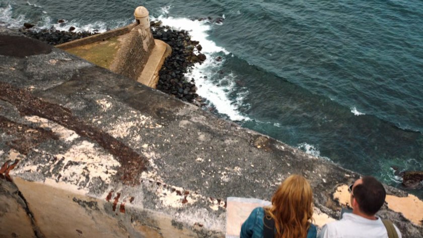 Bobbi and Coulson looking down at the Devil's Sentry at Fort San Cristobal in San Juan.