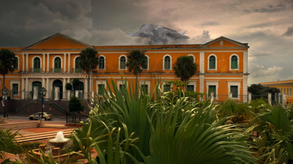 An invisible quinjet lands atop the Ponce de Leon Theater.