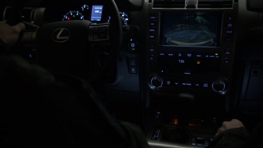 Console cluster of SHIELD SUV, with backup camera activated.