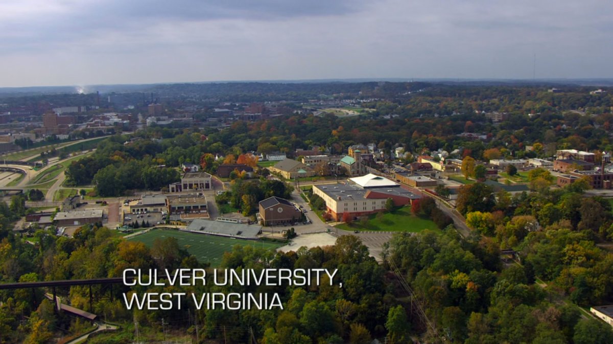 Aerial Culver University. Text: Culver University, West Virginia.