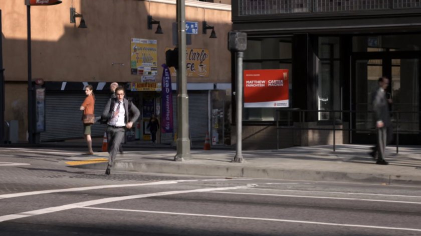 Fitz sprinting across on San Francisco street.
