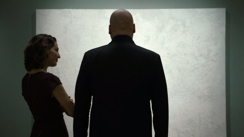 Vanessa next to Wilson Fisk staring at artwork in gallery.