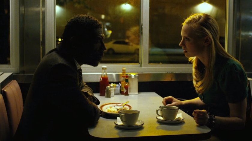 Ben and Karen inside Square Diner at night.