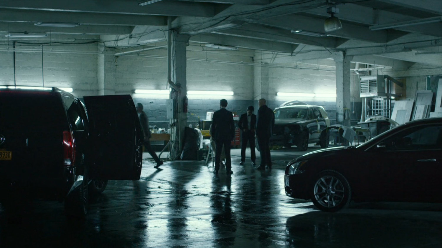 Interior of body shop garage.