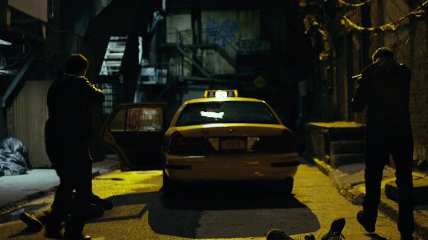 Russians point guns at taxi in alley behind Madame Gao's warehouse.