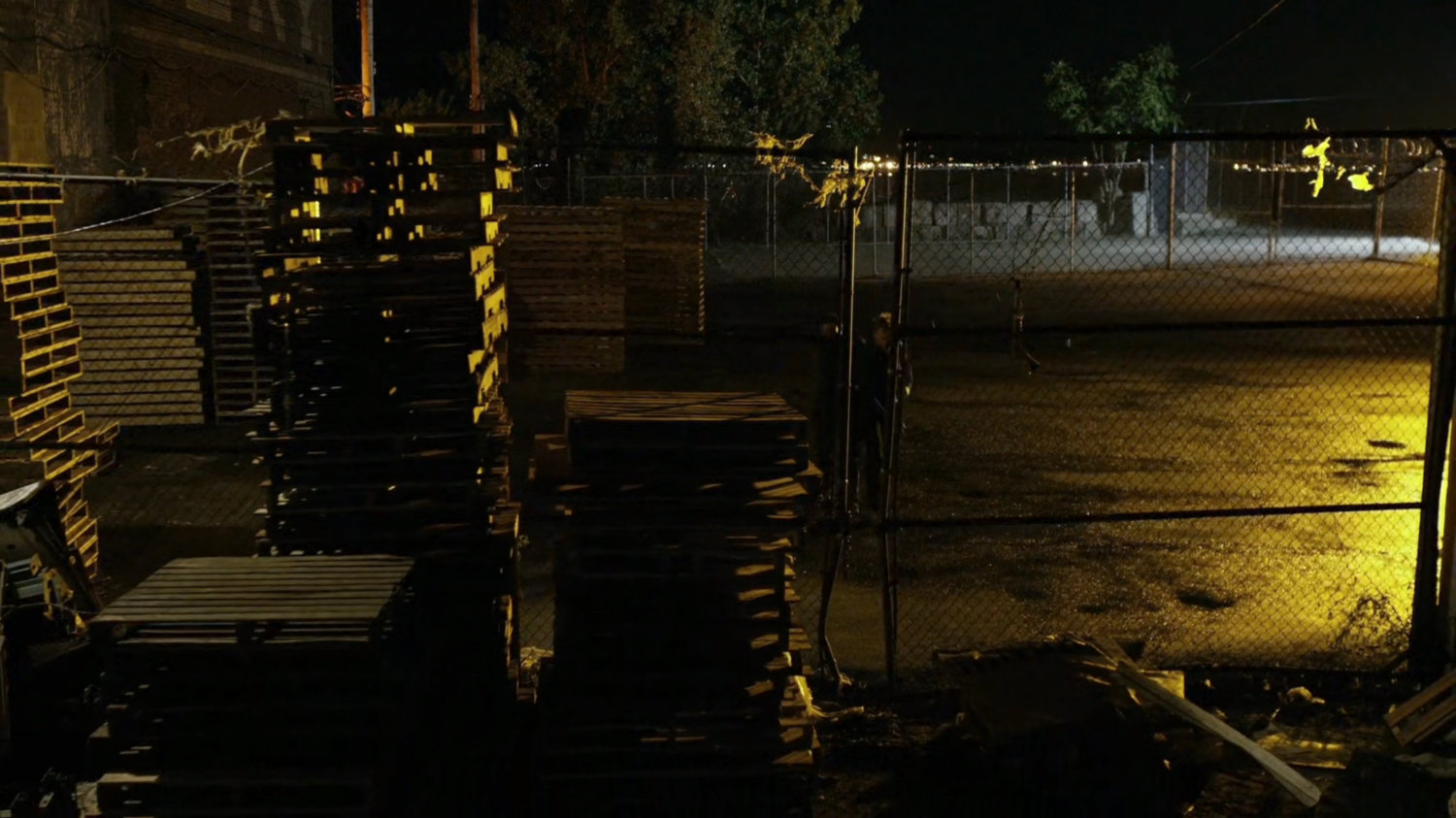 Pallet yard outside Russian warehouse.