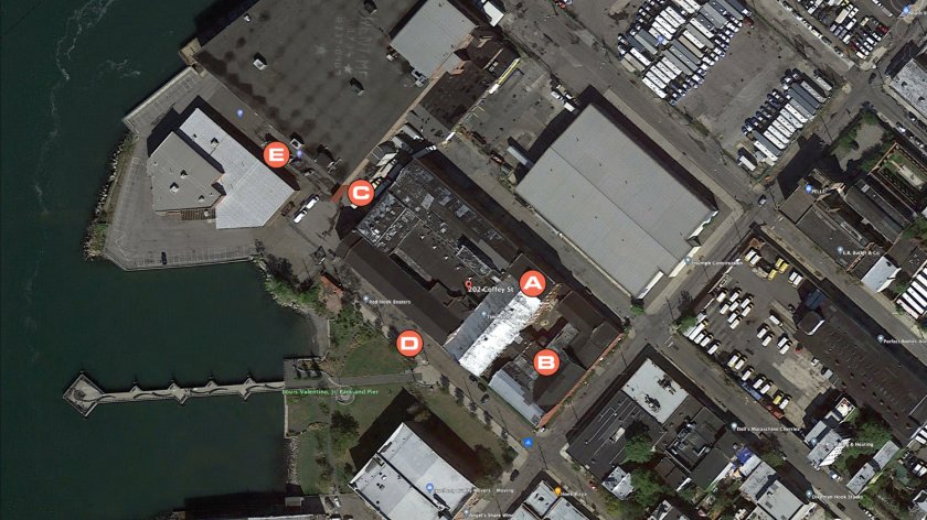 Satellite view of Coffey Street Studios with Daredevil filming locations marked.