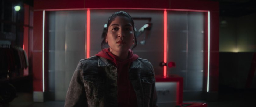 Maya in a New York motorcycle showroom.