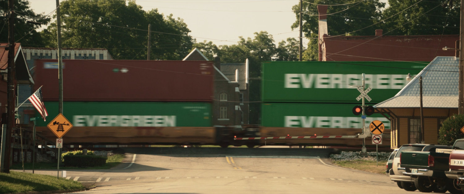Train passing through downtown Tamaha.