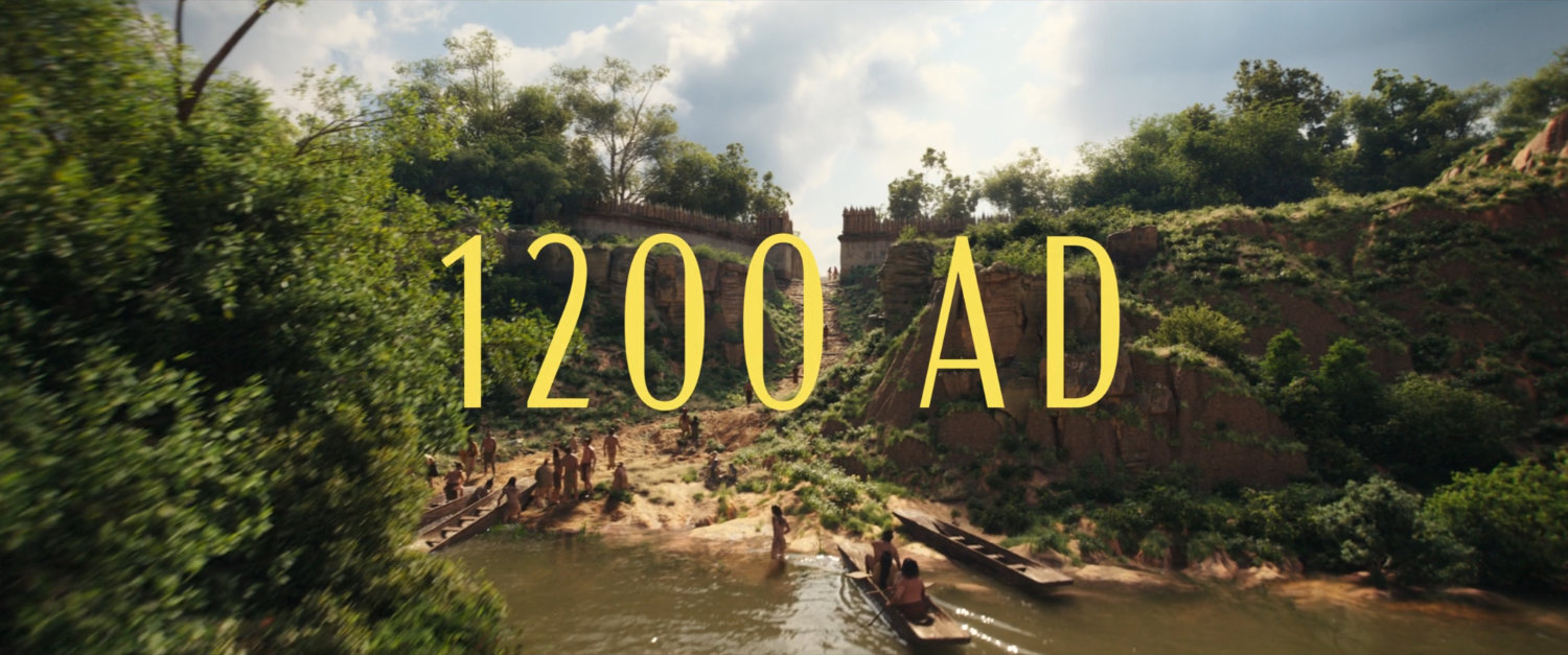 Hills near river. Text: 1200 AD.
