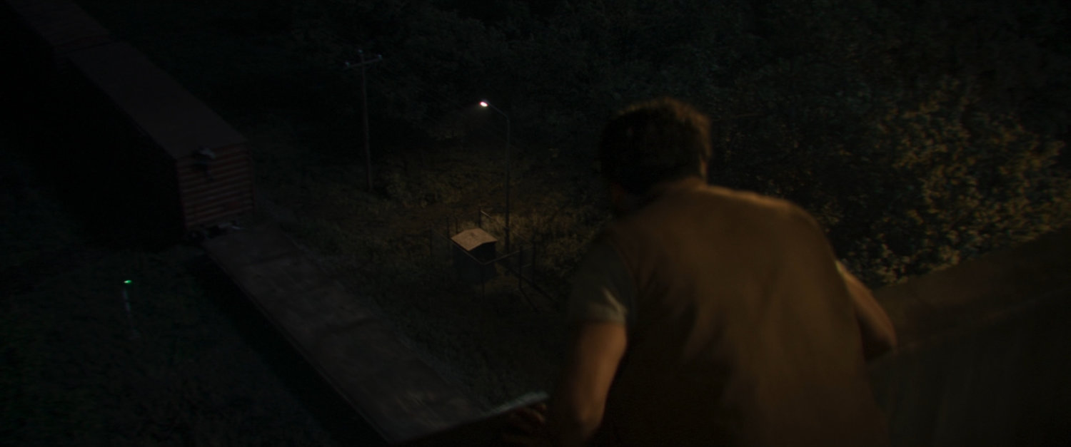 Biscuits looking over highway bridge over railroad track.