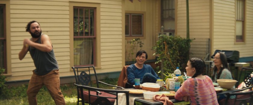 Biscuits, Henry, Bonnie, and Chula having a meal in Chula's backyard.
