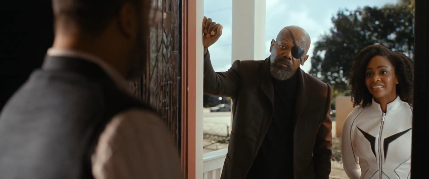 Nick Fury and Monica outside Khan House.