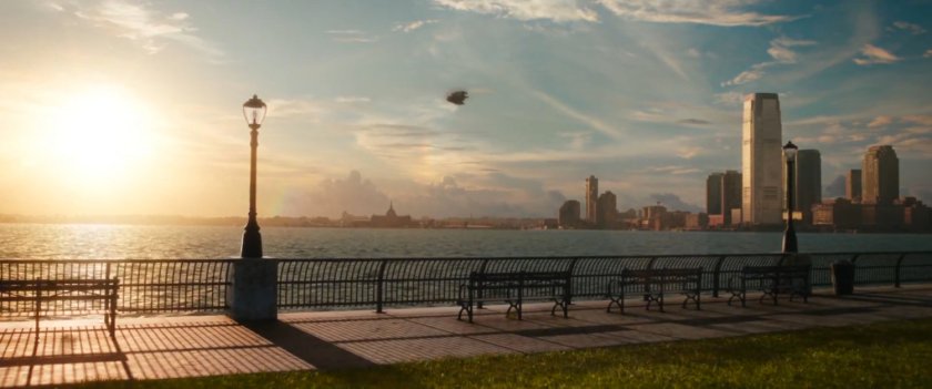 A SWORD shuttle heads over the water towards Battery Park.