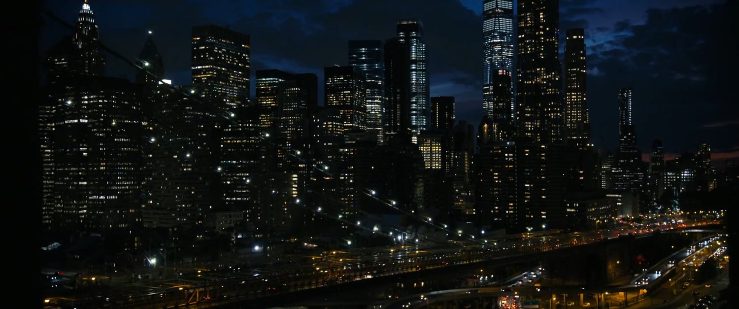 Nighttime aerial view of New York City.